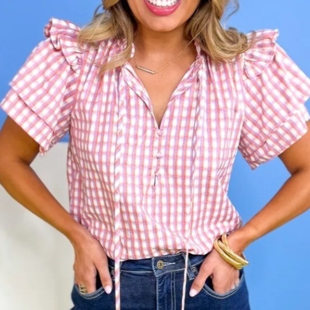Entro Gingham Ruffle Flutter Sleeve Tie Neck Blouse Pink Purple Orange Medium